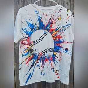 14, SHEIN, baseball, white t-shirt, multicolor paint splatter design